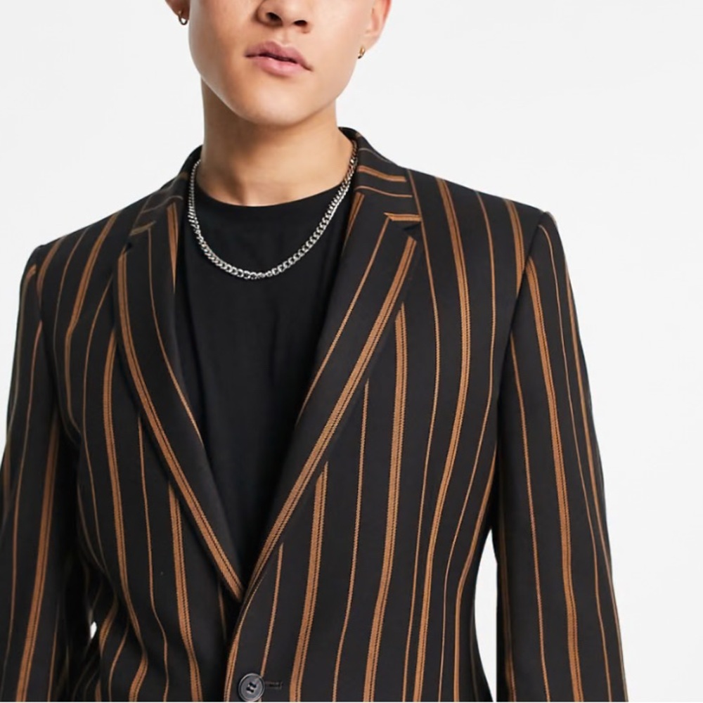 ASOS DESIGN skinny suit jacket in tobbaco stripe - Picture 4 of 9